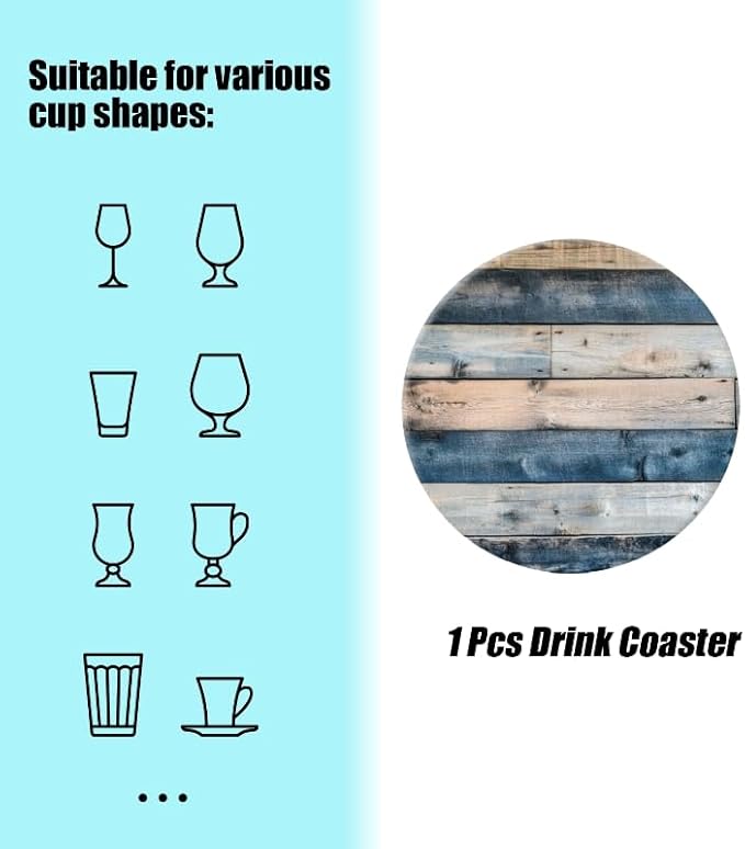 Ceramic Stone Coasters for Drinks Set of 1, Blue and Brown Wooden Wall Pattern Round Absorbent Cup Coasters Protection for Coffee Table Kitchen Counter Decor (4 * 4 Inch)