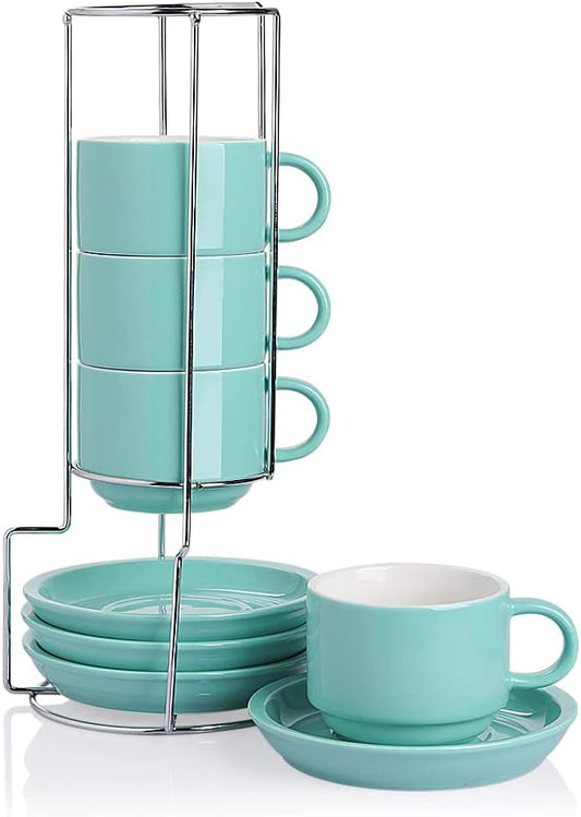 Sweejar Porcelain Cappuccino Cups with Saucers and Metal Stand, 8 Ounce Stackable Espresso Cups for Specialty Coffee Drinks, Latte, Americano, Tea - Set of 4 (Turquoise)