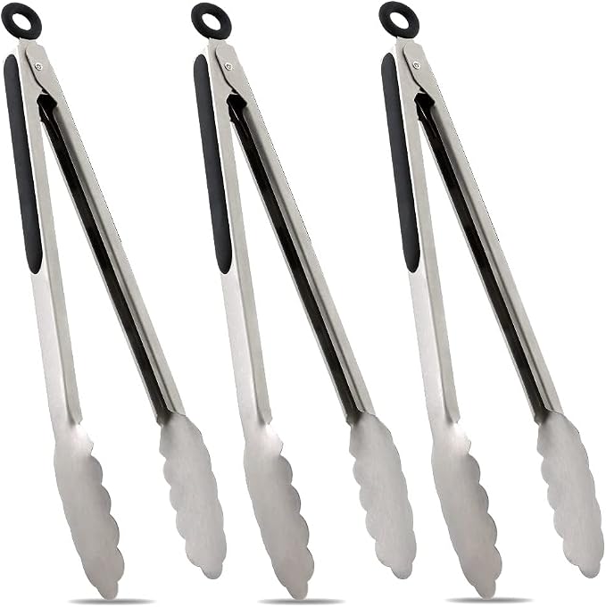 TENTA TENTA KITCHEN 12" Stainless Steel Kitchen Tongs, Locking Metal Food Tongs Non-Slip Grip (Set of 3)