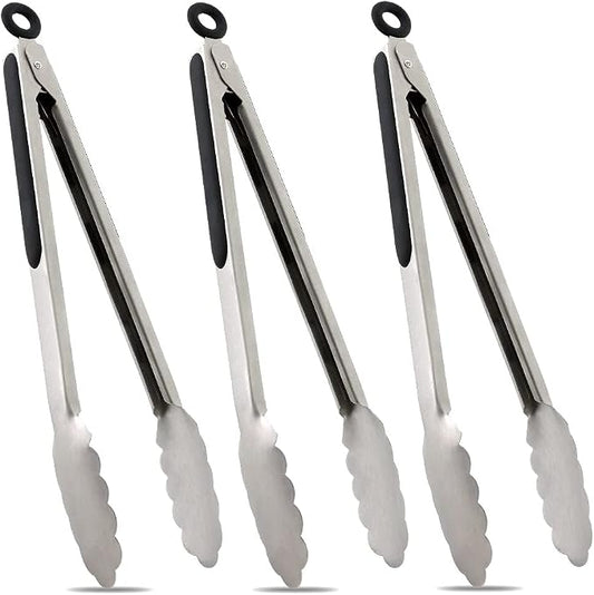 TENTA TENTA KITCHEN 12" Stainless Steel Kitchen Tongs, Locking Metal Food Tongs Non-Slip Grip (Set of 3)