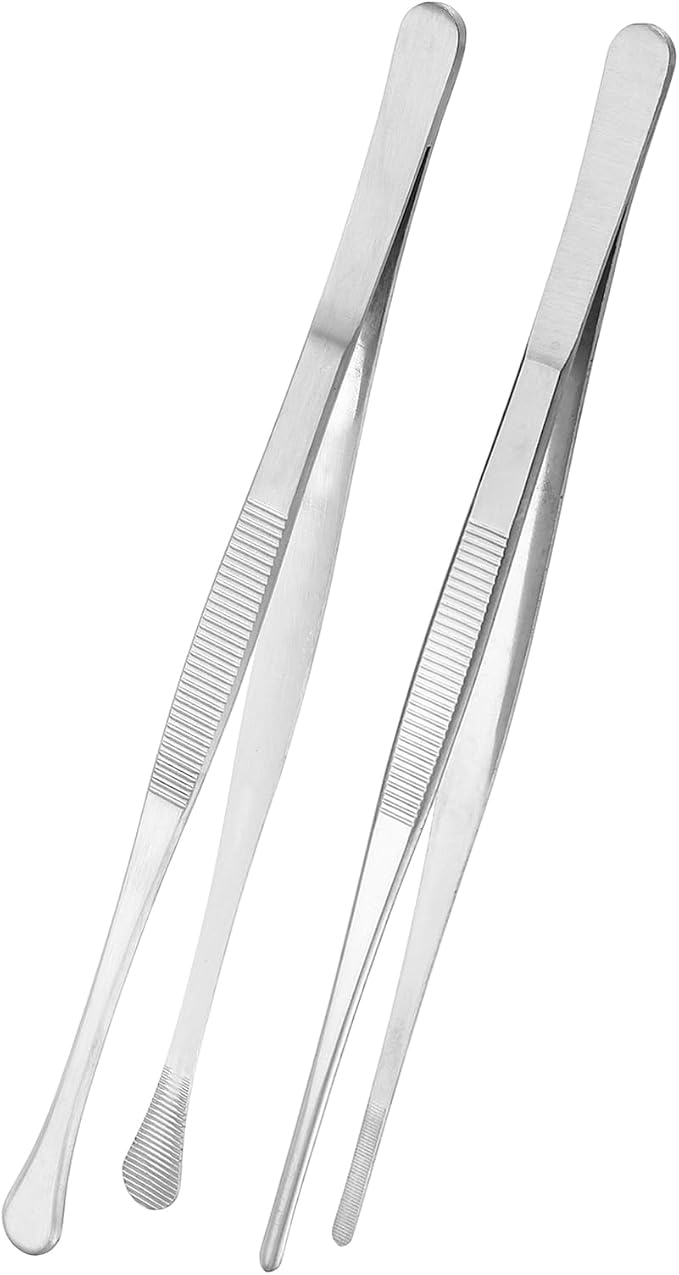 HARFINGTON 2pcs 10 Inch Fine Tweezer Tongs Extra-Long Stainless Steel Non-Slip Kitchen Cooking Tweezers Tongs with Round Tip for Repairing Roasting Barbecue Baking