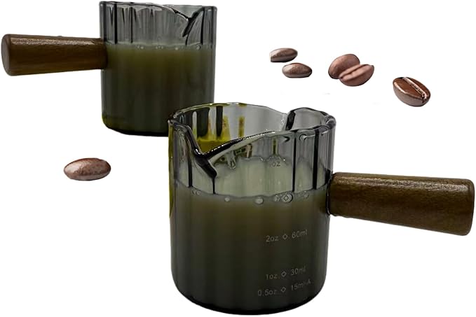 Glass Espresso Shot Measuring Cup Set, Gray, Double Spout Design with Wood Handle, 4 oz Capacity, 2 Pack, Coffee Bar Accessories (Gray)