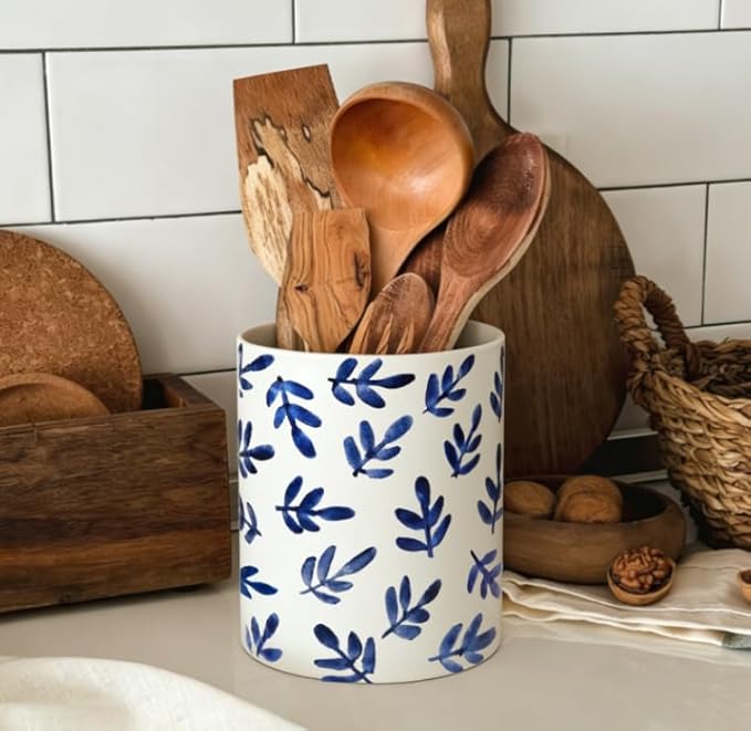 FYSUIMU Blue Leaf Ceramic Utensil Holder Vintage Watercolor Leaves Utensil Crock Cooking Tool Storage Organizer Container for Home Kitchen Countertop Decor