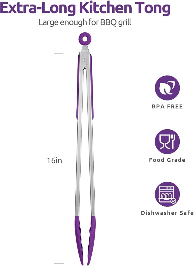 600ºF Heat Resistant Kitchen Tongs: U-Taste 16 inch Extra Long Large Silicone Cooking Tong with Sturdy Non Stick Rubber Tips & Non Slip Silicon Coated 18/8 Stainless Steel Handle for Grill BBQ(Purple)