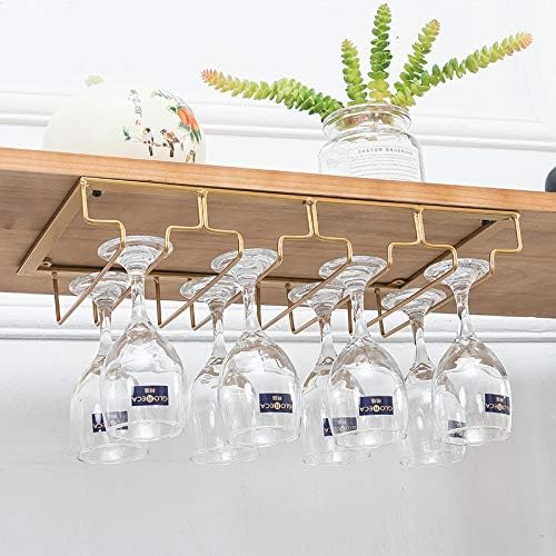 Under Cabinet Hanging Stemware Rack, Metal Wine Glass Holder Under Shelf for Cabinet Kitchen Bar Glasses Storage Hanger (Gold, 4 Rows)