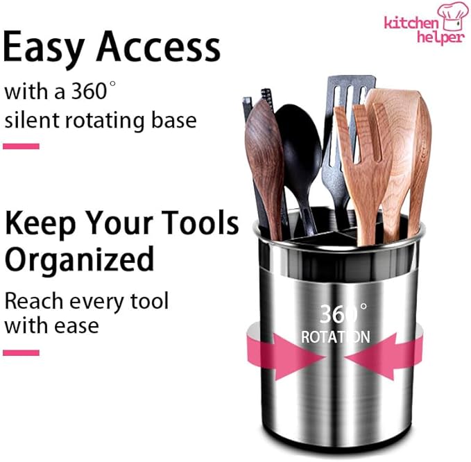 Stainless Utensil Holder 360° Rotating 6.5X5.25 Inch Utensil Crocks for Kitchen Counter with Removable Divider White