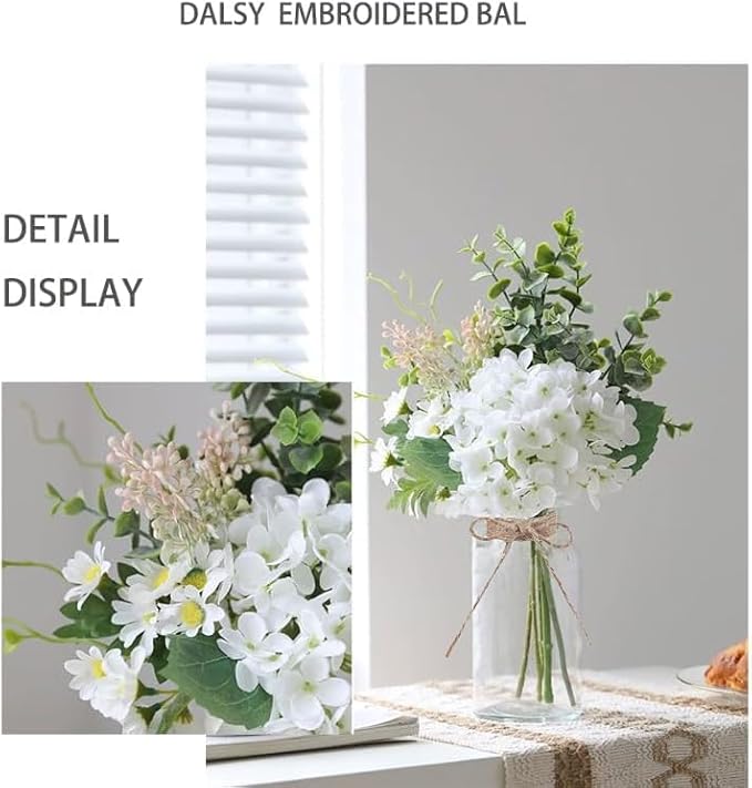 LADADA White Artificial Hydrangea Bouquet with Glass Vase - 15.7" Faux Hydrangea & Eucalyptus Arrangement, Fake Flowers in Vase for Table Centerpiece, Bathroom, Kitchen & Farmhouse Home Decor