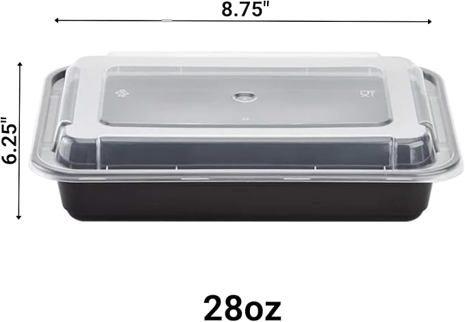 28oz Disposable Black Meal Prep/Bento Box with Clear Dome Lids | Leak Resistant Single Compartment Food Storage Boxes | BPA Free Plastic Microwave Freezer Safe | 300 Count