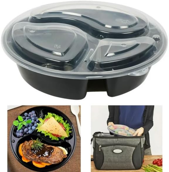 48oz - 3 Compartment - Disposable Black Bento Box with Clear Dome Lids - Round Plastic Meal Containers - Reusable Box : Perfect For Salad, Meal Prep and Fruits : Set of 100