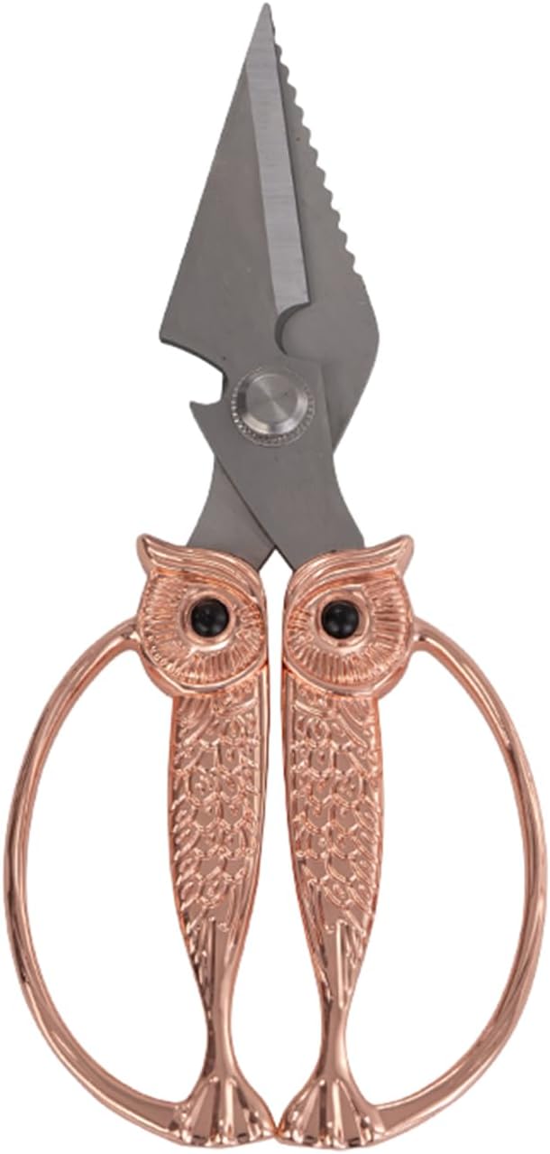 WARMHEART Owl Kitchen Scissors All Purpose, Stainless Steel Heavy Duty Sharp Shears for Meat, Chicken, Fish, Poultry, Herb, Bread (Rose gold, Large)