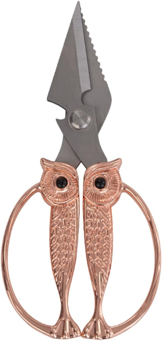 WARMHEART Owl Kitchen Scissors All Purpose, Stainless Steel Heavy Duty Sharp Shears for Meat, Chicken, Fish, Poultry, Herb, Bread (Rose gold, Large)