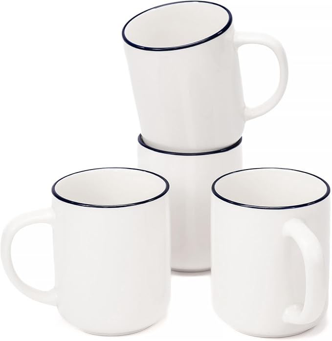 OTAGO Coffee Mugs for 4, 12 oz Mug Set, Dringking Cup with Handle for Coffee, Tea, Cocoa, Blue Rim