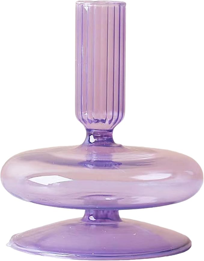 Glass Candlestick Holders Simple Creative Glass Vase Candle Holder Colorful Glass Pillar Candle Stand Candlestick Wavy Elegant Glass Candlestick for Home Centerpiece (Purple G)