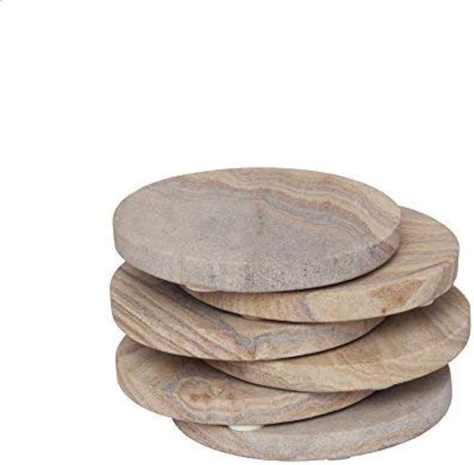 GoCraft Set of 6 Absorbent Sandstone Coasters – Natural Yellow Round Coasters for Drinks, Wine Glasses, Coffee, Barware, Mugs – Durable, Non-Slip, Easy to Clean – Ideal for Home, Office, Parties