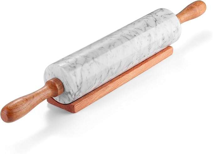 Flexzion Marble Rolling Pin Heavy Nonstick Stone Dough Roller - 10 Inch Polished Barrel with Wooden Handles & Cradle Stand for Baking Pastry Bread Pizza Cookies Pie Crust Pasta Tortillas (White)