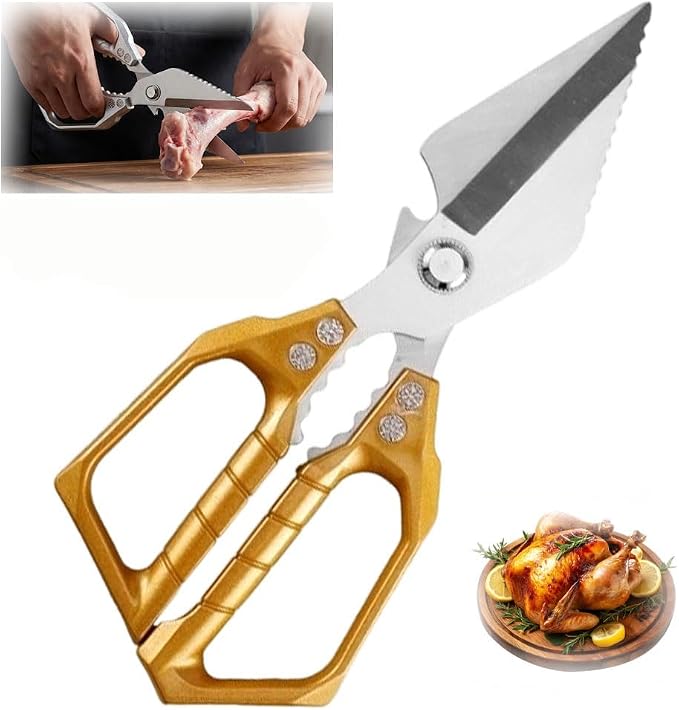 Heavy Duty Kitchen Scissors for Food with Ergonomic Anti-Slip Handle,Stainless Steel Chicken Bone Cutting Scissors Kitchen Tools,Poultry shears for Chicken, Meat, Seafood, Bone Cutting (Gold, 1PC)
