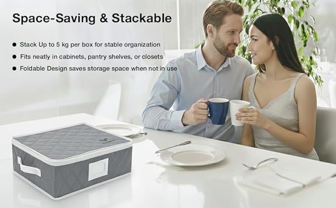 Mug Storage Organizer Set of 2 – 12 Compartment Cup Storage Boxes with Lid, Stackable Woven Fabric Holder for Coffee Mugs, Glassware & Teacups (Oxford Cloth, Padded, Gray)