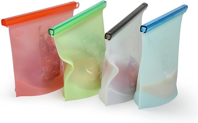 Reusable Silicone Food Storage Bags, WINDSIUUU 100% Silicone Food Grade Containers, Leakproof, Sandwich Snack Bags, Stand Up Zip Container for Soup and Leftovers, Dishwasher & Microwave Oven Safe-53OZ