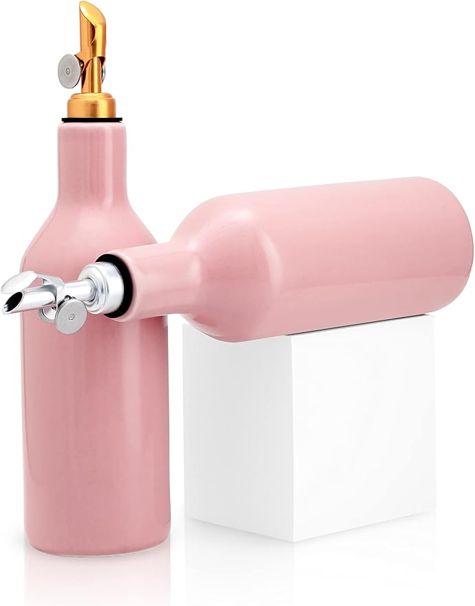 Ceramic Pink Olive Oil Dispenser - Coffee Syrup & Vinegar Cruet, Weighted Pourer, Safe Storage