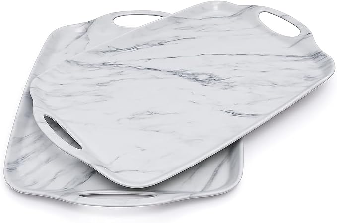 TP Large Serving Trays with Handles, 19" x 12" Melamine Serving Platters for Food, Turkey, Set of 2 Rectangular Trays for Party, White Marble