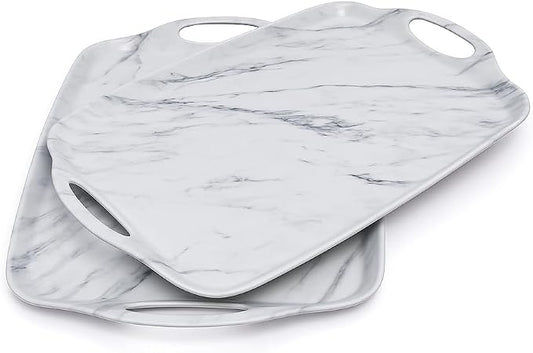 TP Large Serving Trays with Handles, 19" x 12" Melamine Serving Platters for Food, Turkey, Set of 2 Rectangular Trays for Party, White Marble