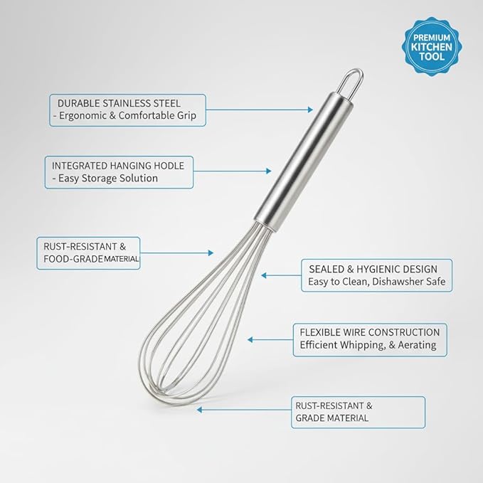 10-Inch Stainless Steel Balloon Whisk – Wire Whip for Cooking, Baking, Blending & Beating – Ergonomic Kitchen Utensil for Eggs, Sauces, Gravy & Batter – Dishwasher Safe & Rust Resistant