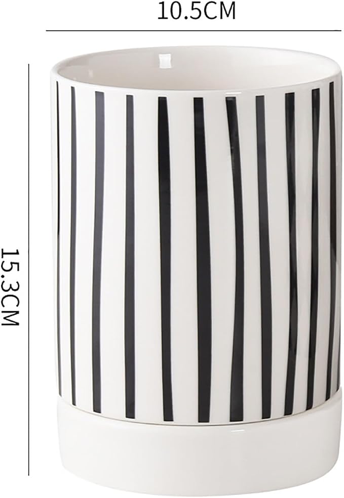 Dxcaicc Ceramic Kitchen Utensil Holder, Multiple Drain Holes, Drain Tray, Vertical Stripe