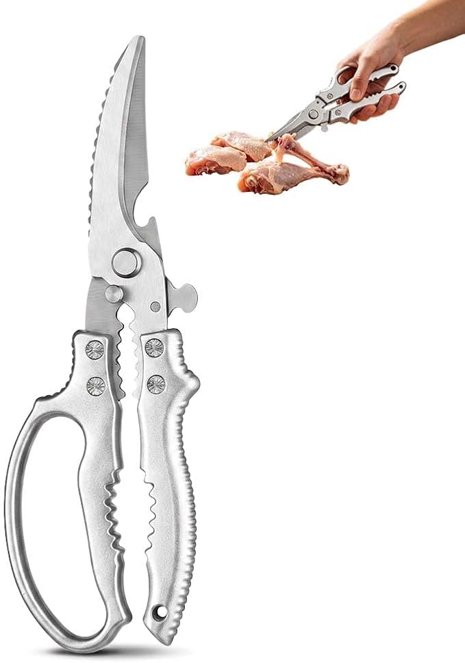 Heavy Duty Poultry Shears, Stainless Steel Kitchen Scissors, Multi-Purpose Kitchen Shears for Bone, Meat, Chicken, Fish, Turkey, Vegetables, Dishwasher Safe (Siliver)