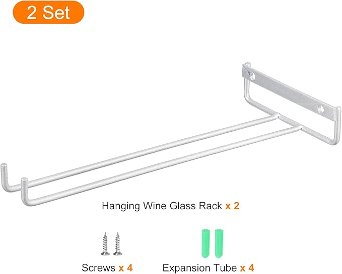 uxcell 2Pcs Wine Glass Rack, 10.43 Inch Iron Wine Glasses Rack Under Cabinet Stemware Rack - Wall Mountable Wine Glass Holder Storage Hanger for Bars Coffee Restaurants Kitchens, Silver