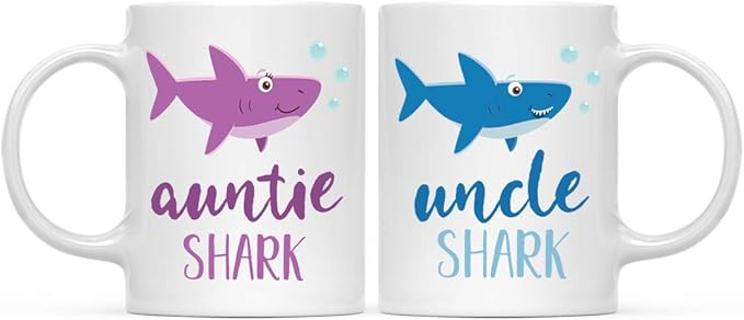 Andaz Press Baby Shark Family 11oz. Coffee Mug Gift Set, Auntie Shark, Uncle Shark, 2-Pack, Shark Do Do Do Gift Idea Birthday Christmas Gifts