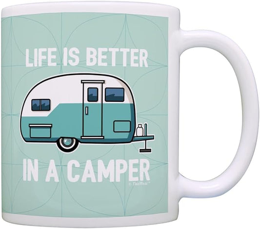 RV Camper Gifts Life Better in a Camper Camping Teardrop Camper Accessories Coffee Mug Tea Cup Green