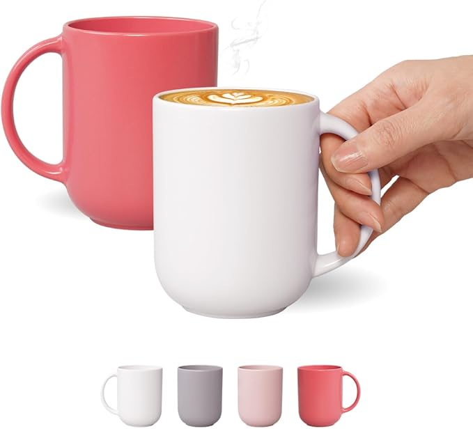 12 oz Ceramic Coffee Mug, Matte Pink White Gray Coffee Mug for Office and Home, Handmade in Korea! Set of 2 (Rose&White)