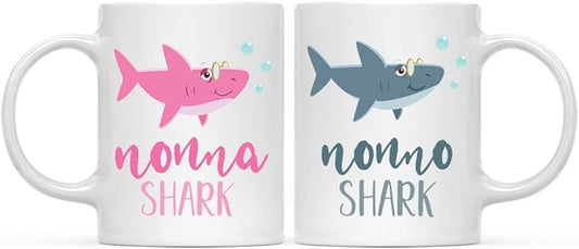 Andaz Press Baby Shark Family 11oz. Coffee Mug Gift Set, Nonna Shark, Nonno Shark, 2-Pack, Shark Do Do Do Gift Idea Birthday Christmas Gifts