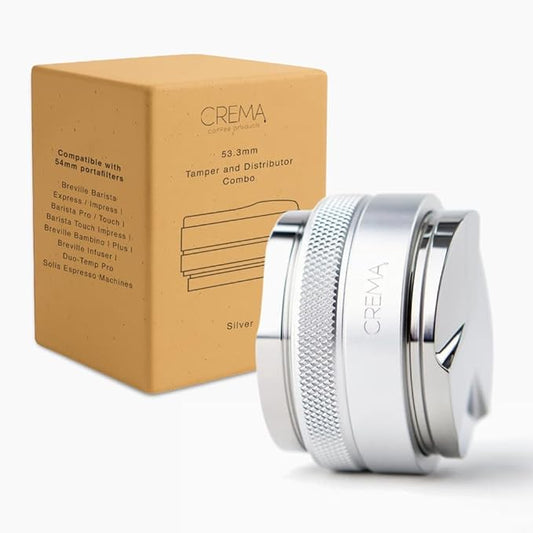 CREMA Coffee Products 53.3mm Hand Tamper & Coffee Distributor | Compatible with Breville Portafilters | Double-Sided, Adjustable Depth Tool | Made with Durable 304 Stainless Steel | Silver