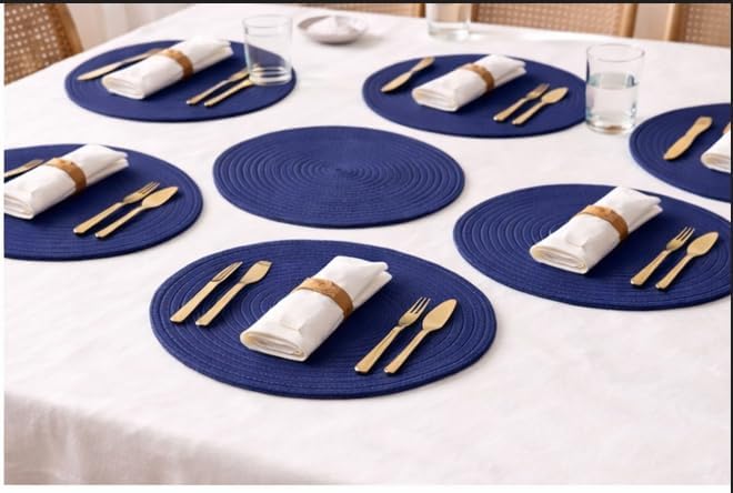 Round Placemats Set of 6 with Basket, 13" Cotton Woven Table Mats, Non-Slip Heat-Resistant, Washable Dining Chargers, Kitchen Hot Pads, Farmhouse Décor, Wedding & Holiday Use (Blue)