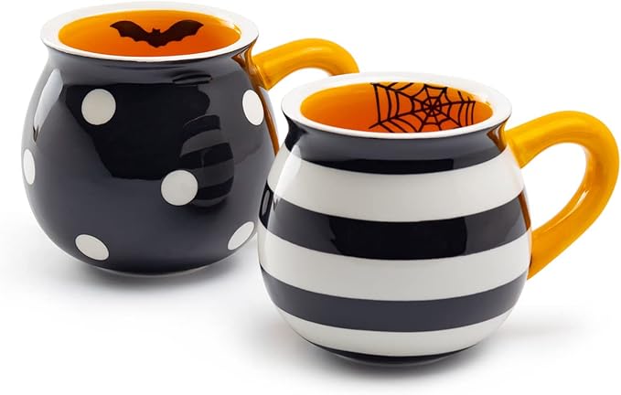 Terramoto Ceramic Halloween Bat Dots and Spider Web Stripes Mugs set of Two Assorted Design