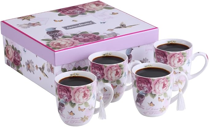 London Boutique Tea Coffee Cup Mug Set 4 Porcelain Bird Rose Butterfly Shabby Chic design in Gift Box 330ML 11oz