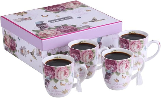 London Boutique Tea Coffee Cup Mug Set 4 Porcelain Bird Rose Butterfly Shabby Chic design in Gift Box 330ML 11oz
