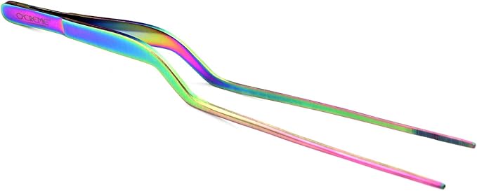 O'Creme 8 Inch Multicolored Stainless Steel Precision Kitchen Culinary Offset Tweezer Tongs