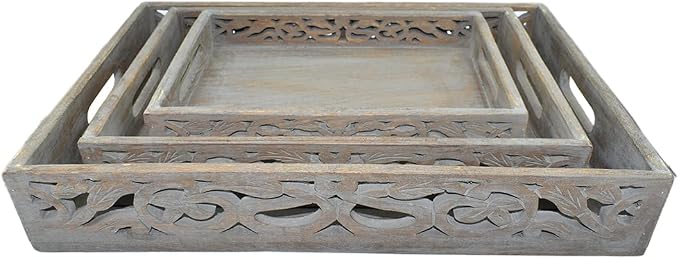 STORE INDYA Vintage Rustic Wooden Serving Trays with Handle - Set of 3 - Large, Medium and Small - Nesting Multipurpose Trays