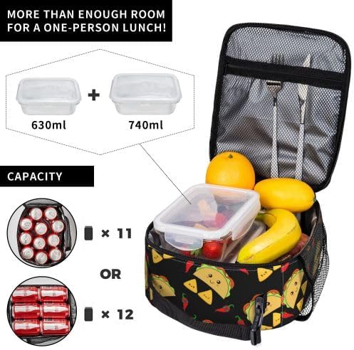 YETTA YANG Mexican Taco Chips Funny Cute Black Yellow Portable Lunch Bag Insulated Lunch Box Reusable Totes For Women Men Work Picnic Camping
