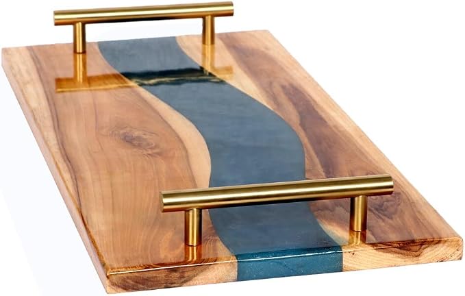Acacia Wood Epoxy Resin Cheese Tray, Serving Board, Metal Handles - Medium for Coffee Table, Ottoman or Breakfast in Bed Wooden Tray
