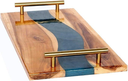 Acacia Wood Epoxy Resin Cheese Tray, Serving Board, Metal Handles - Medium for Coffee Table, Ottoman or Breakfast in Bed Wooden Tray