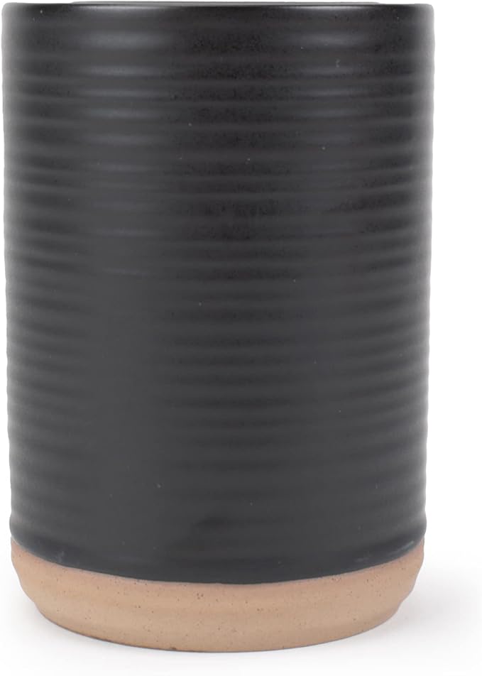 Elanze Designs Tall Ribbed Raw Clay Bottom Black 16 ounce Ceramic Coffee Mugs Set of 4