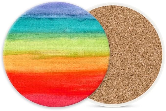 Ceramic Stone Cork Coasters for Drinks Tableware, Rainbow Colorful Pattern Round Absorbent Durable Aesthetic Art Cup Mat Protects Tables and Surfaces Set of 1 (4 * 4 Inch)