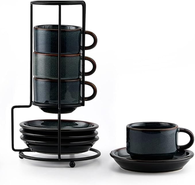 JIEMEI HOME Porcelain Stackable Espresso Cups with Saucers and Metal Stand, 4 Ounce Demitasse Cups for Specialty Coffee Drinks, Latte, Tea Set of 4, Stackable Espresso Mugs, Green & Blue