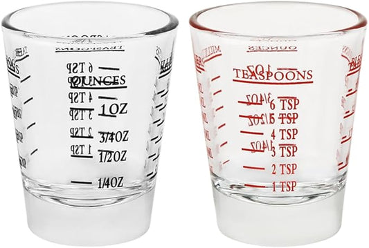 Set of 2 Shot Glasses - Heavy Glass, Perfect for Measuring Espresso, Wine, and More 26-Incremental Measurement 1oz, 6 Tsp, 2 Tbs, 30ml (2, Red+Black)