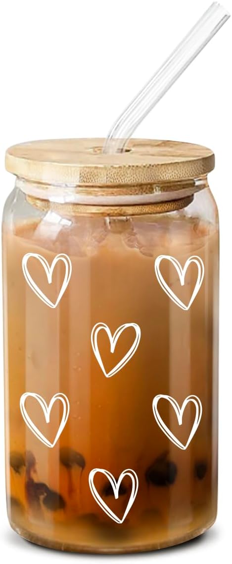 NewEleven Mother Day Gift For Her - Cute Glass Coffee Cups With Lids And Straw – Aesthetic Cups – Iced Coffee Cup, Coffees Tumbler – Gifts For Women, Friends, Coffee Lover - 16 Oz Coffee Glass