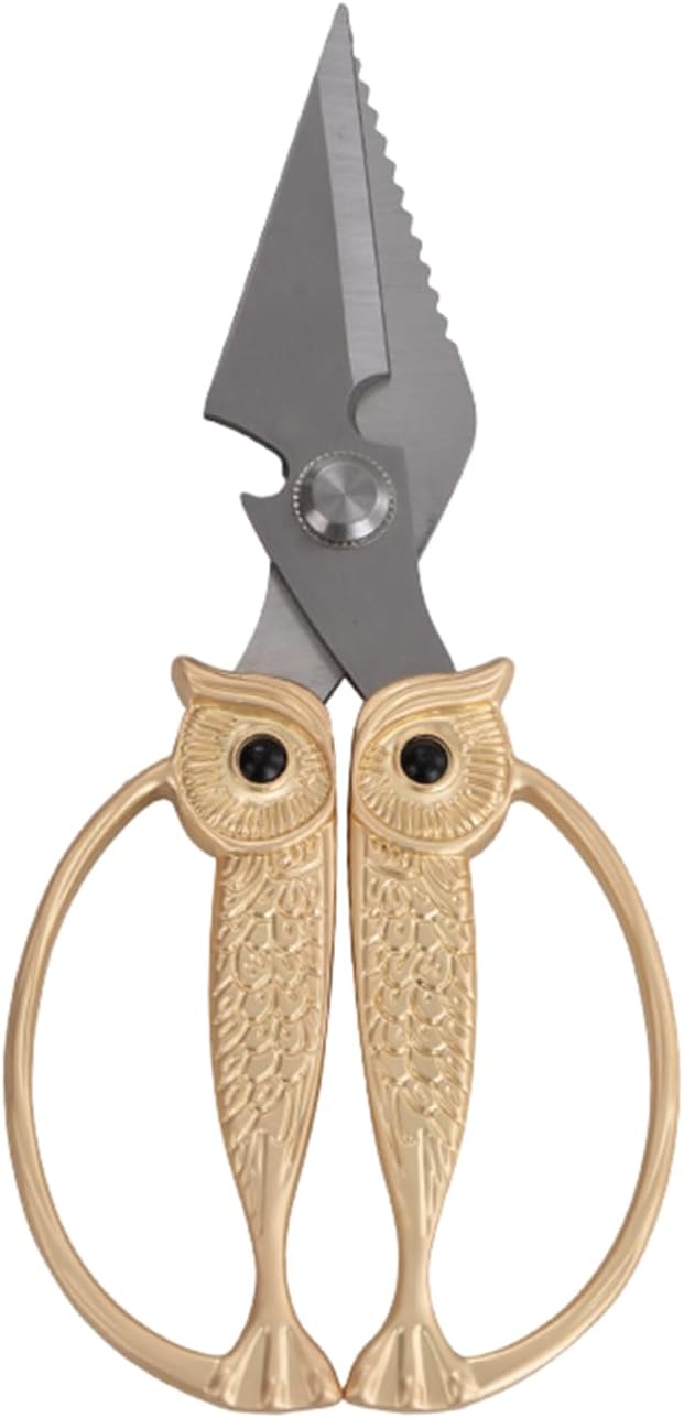 WARMHEART Owl Kitchen Scissors All Purpose, Stainless Steel Heavy Duty Sharp Shears for Meat, Chicken, Fish, Poultry, Herb, Bread (Pearl Gold, Large)