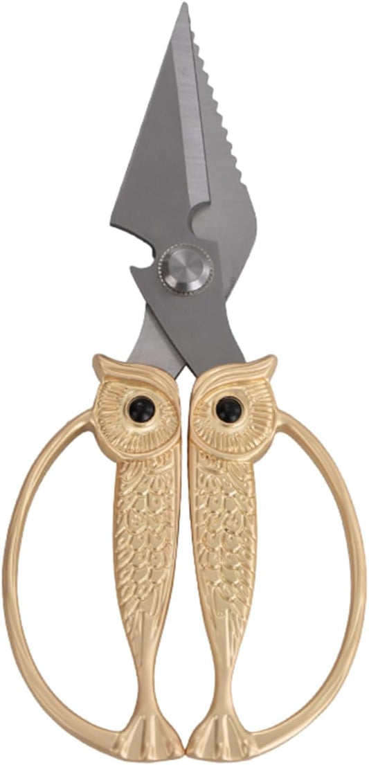 WARMHEART Owl Kitchen Scissors All Purpose, Stainless Steel Heavy Duty Sharp Shears for Meat, Chicken, Fish, Poultry, Herb, Bread (Pearl Gold, Large)
